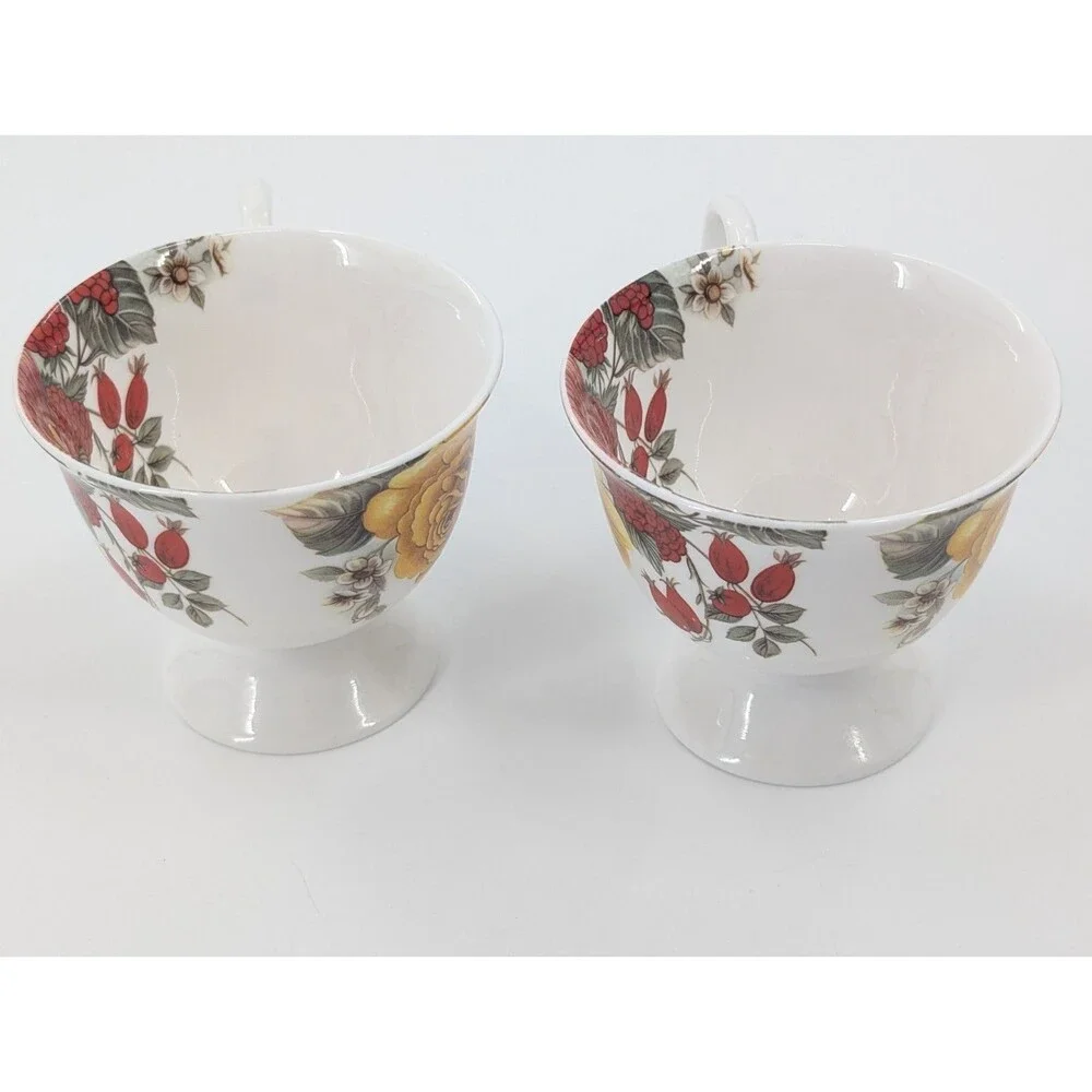 Stechcol Gracie Bone China Vintage White Floral Berries Roses Teacups Set of 2
